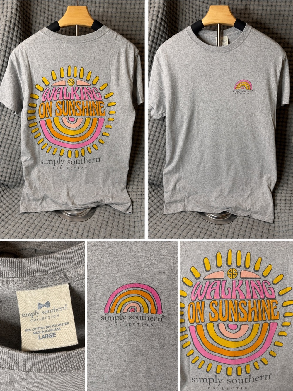 Simply Southern Gray Tee with Yellow & Pink 'Walking on Sunshine' Graphic